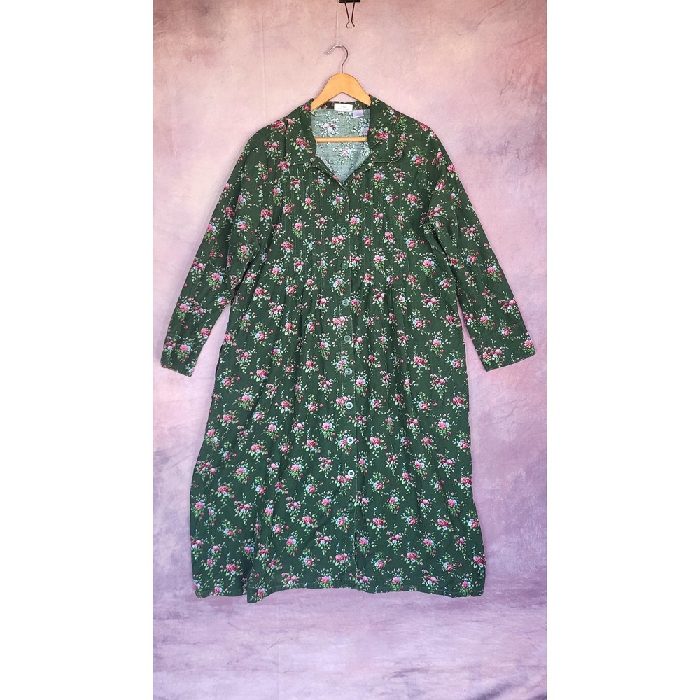 The Vermont Country Store Flannel Shirt Dress Womens Size 3X Maxi Green Floral